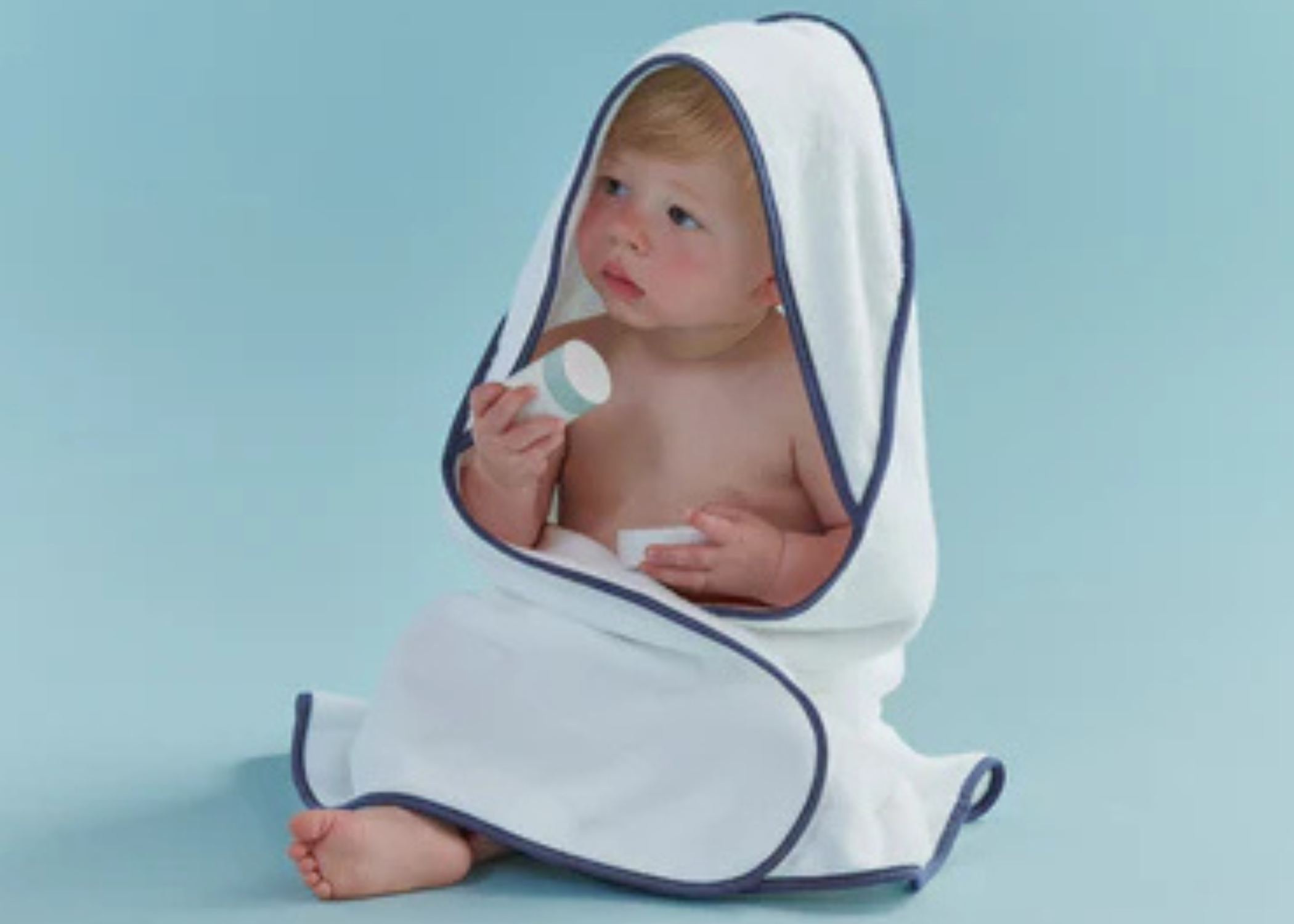 Christy "Mini Hooded" Bath Towel in White with Denim Blue Trim