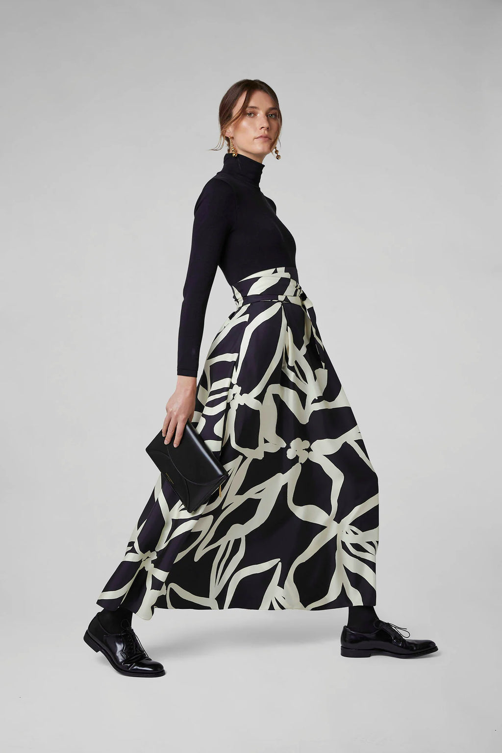 Jasper Conran "Gail" Silk Twill Printed Maxi Skirt in Black