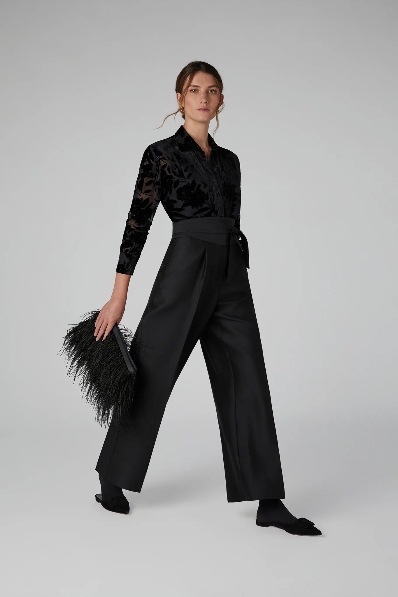 Jasper Conran "Idalia" Velvet Burn Out Shirt in Black Floral