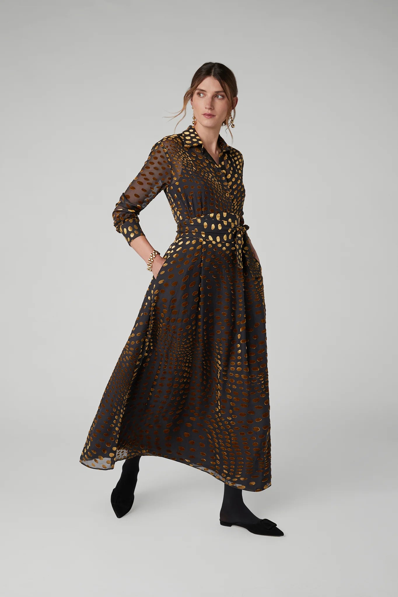 Jasper Conran "Idalia" Velvet Burn Out Shirt in Gold Spot