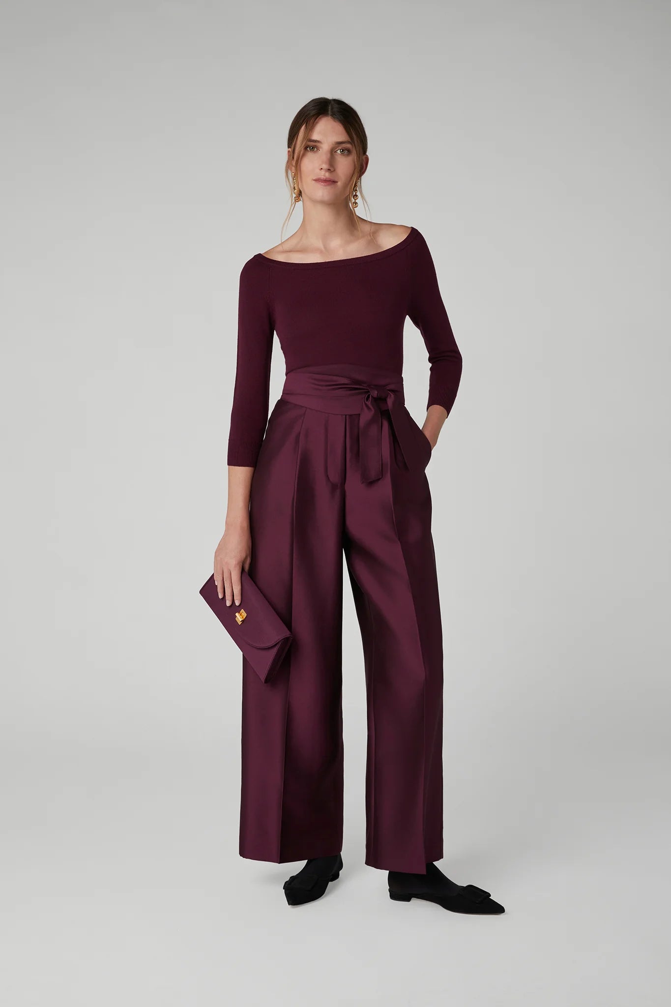 Jasper Conran "Iona" Slash Neck Merino Knitted Top in Berry