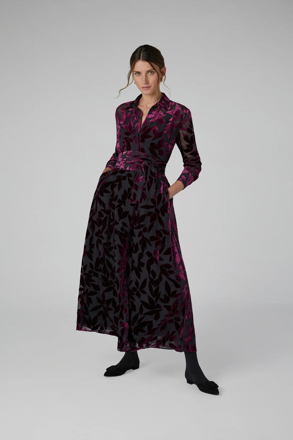 Jasper Conran "Idalia" Velvet Burn Out Shirt in Cerise Geo Pink