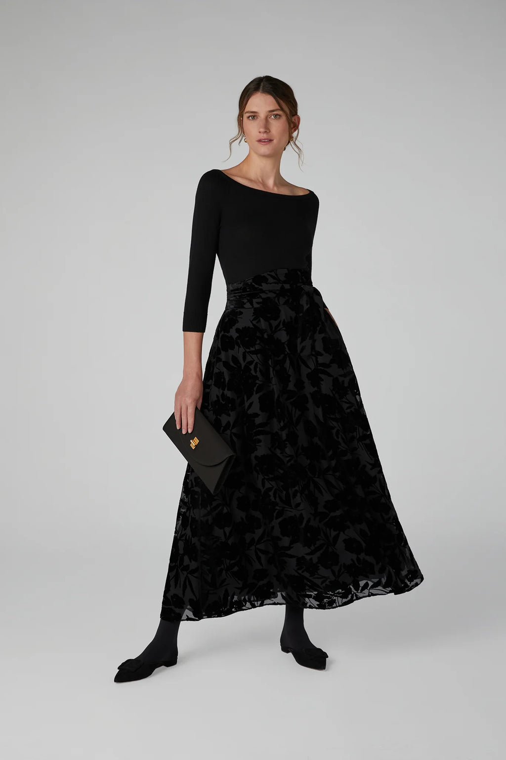 Jasper Conran "Idalia" Velvet Burn Out Skirt in Black Floral