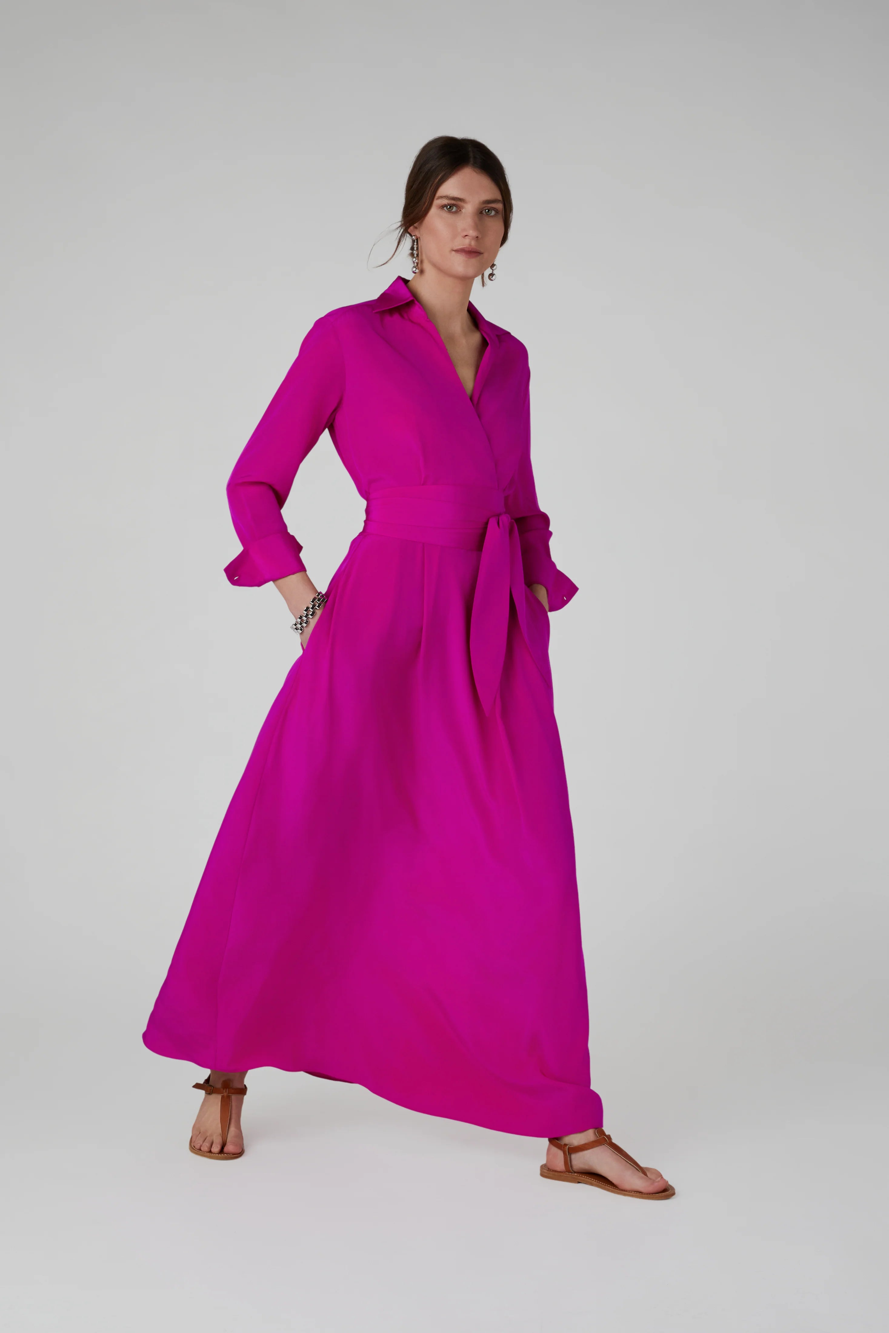 Jasper Conran "Celia" Maxi Silk Wrap Dress in Pink