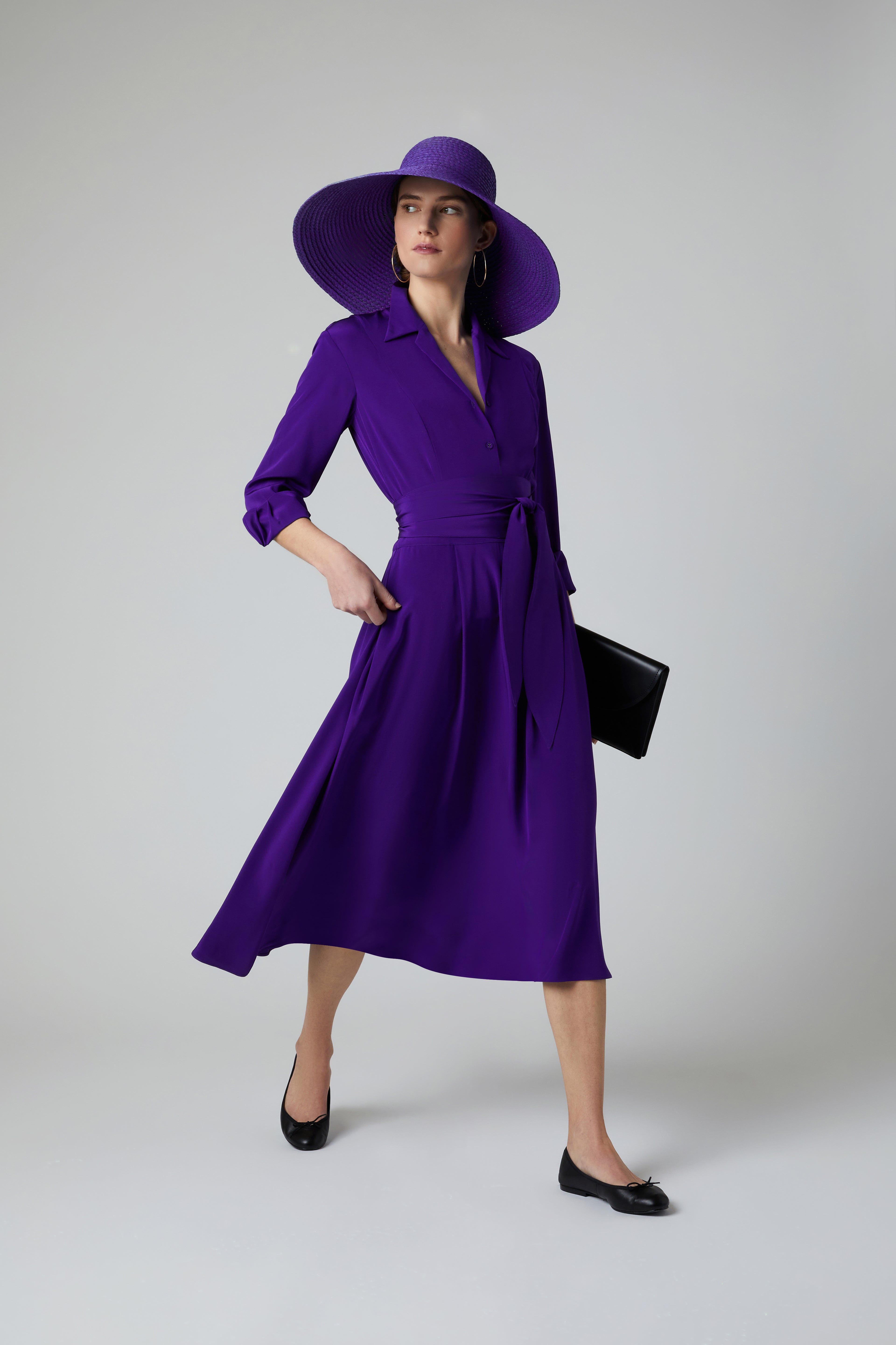 Jasper Conran "Fleur" Silk Full Skirt Shirt Dress in Purple