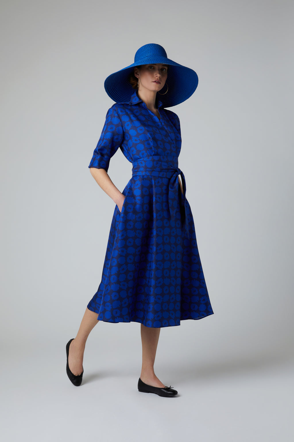 Jasper Conran "Florence" Printed Short Sleeve Silk Wrap Dress in Blue