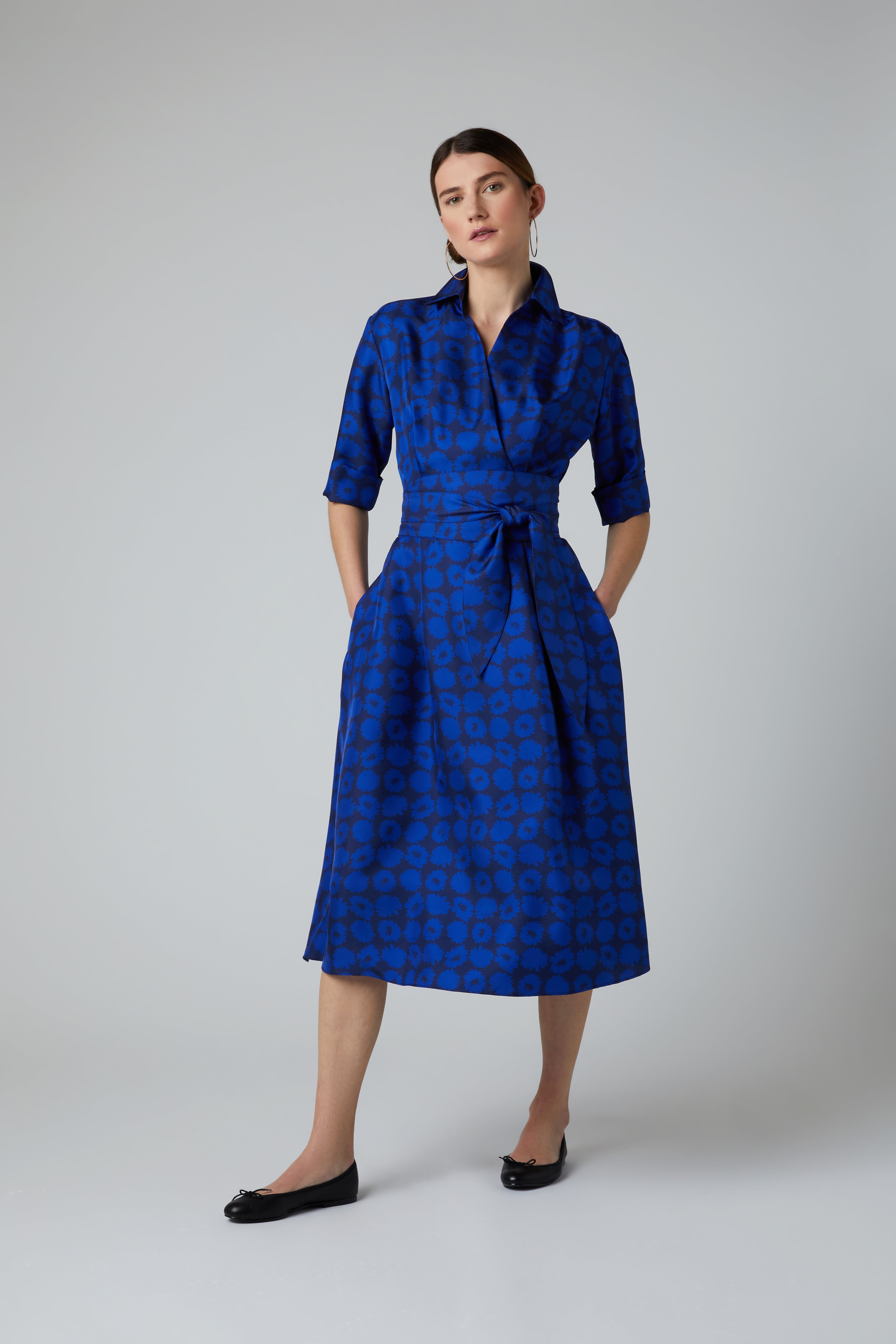 Jasper Conran "Florence" Printed Short Sleeve Silk Wrap Dress in Blue