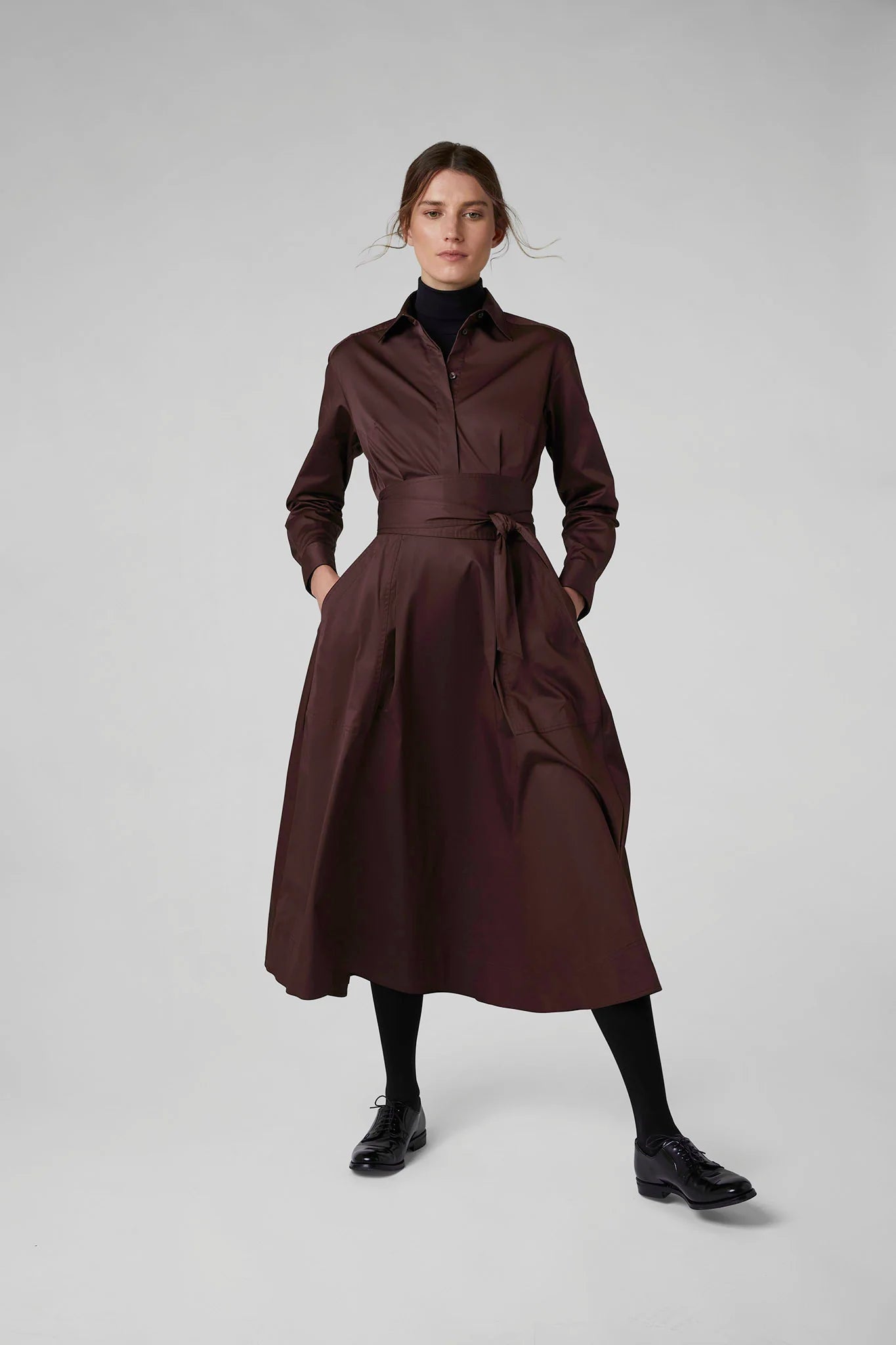 Jasper Conran "Blythe" Full Skirt Shirt Dress in Chocolate