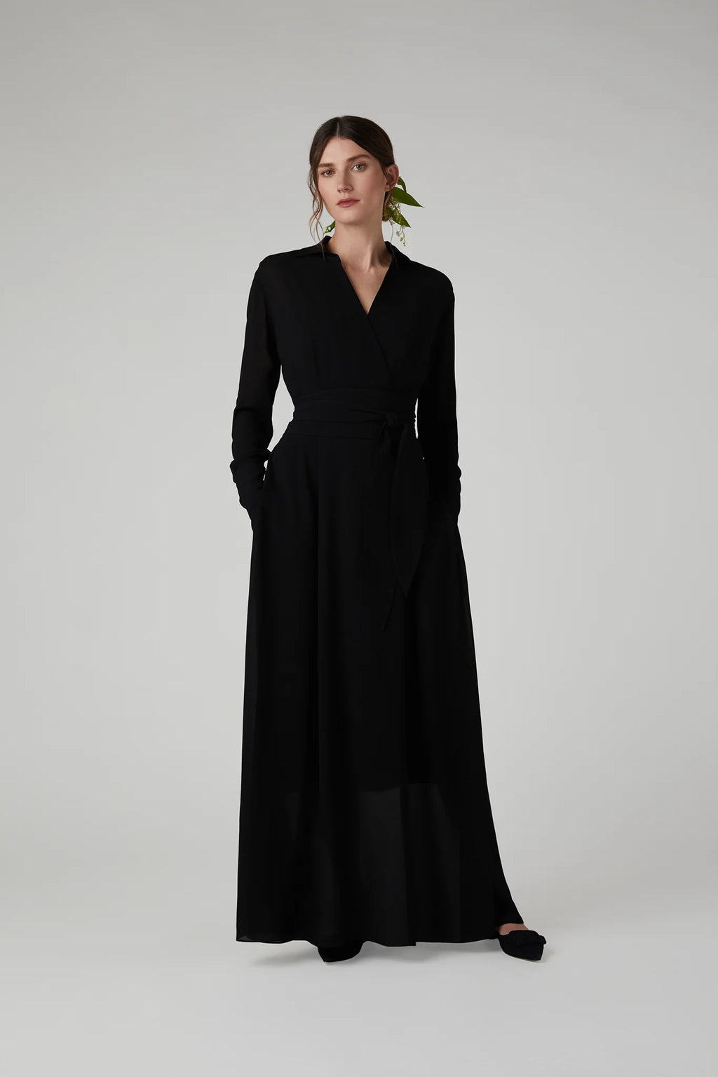 Jasper Conran "Hester" Georgette Maxi Wrap Dress in Black