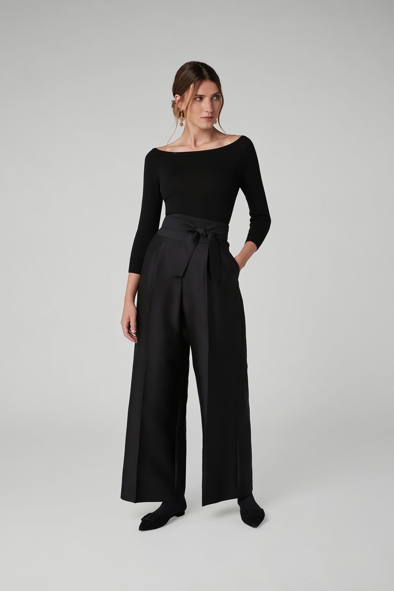 Jasper Conran "Imogen" Wool Silk Wide Leg Trousers in Black