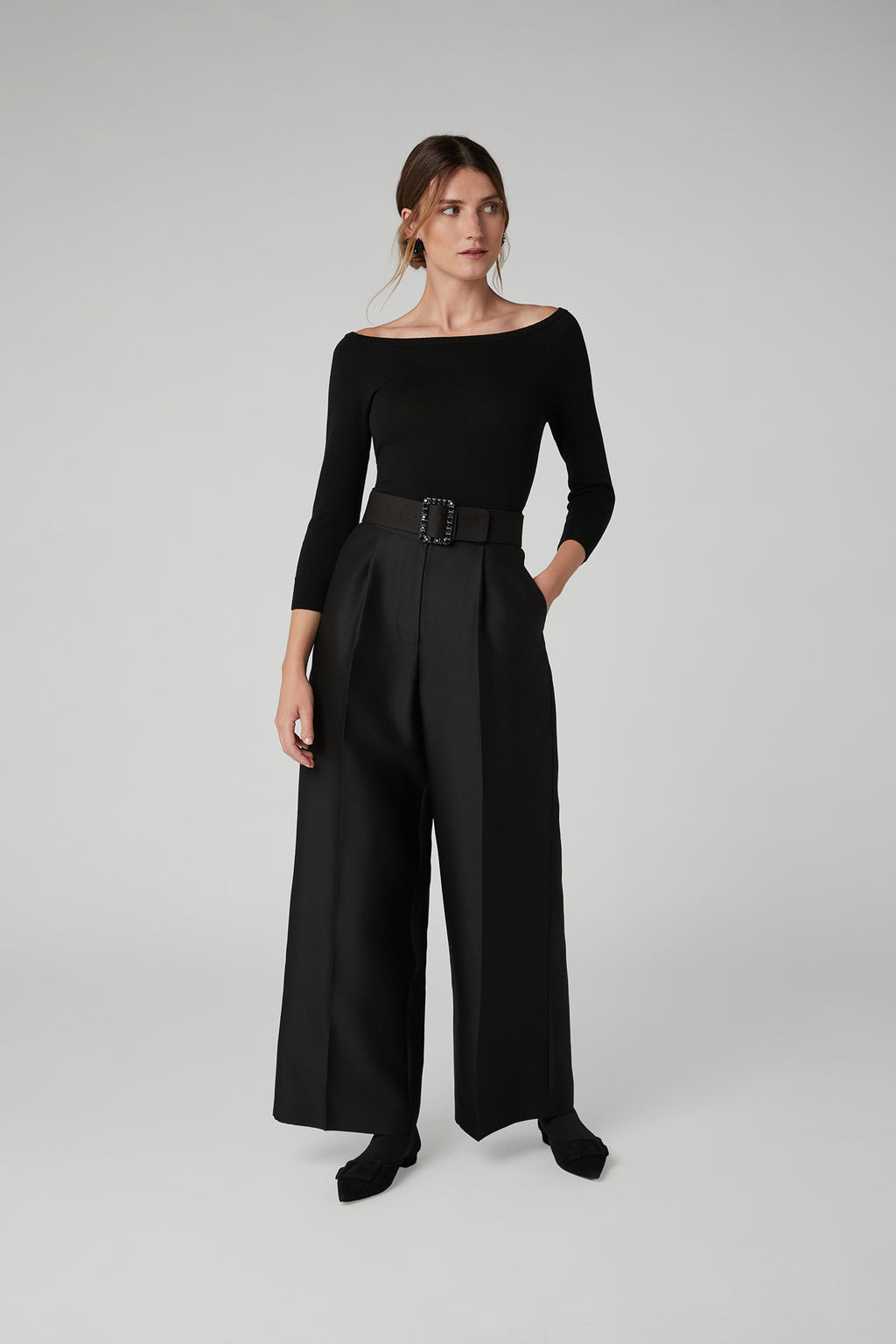 Jasper Conran "Imogen" Wool Silk Wide Leg Trousers in Black