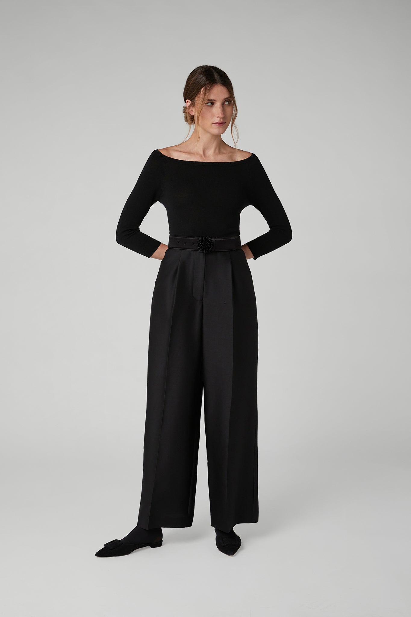 Jasper Conran "Imogen" Wool Silk Wide Leg Trousers in Black