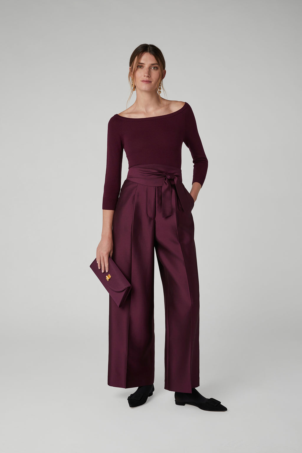 Jasper Conran "Imogen" Wool Silk Wide Leg Trousers in Berry