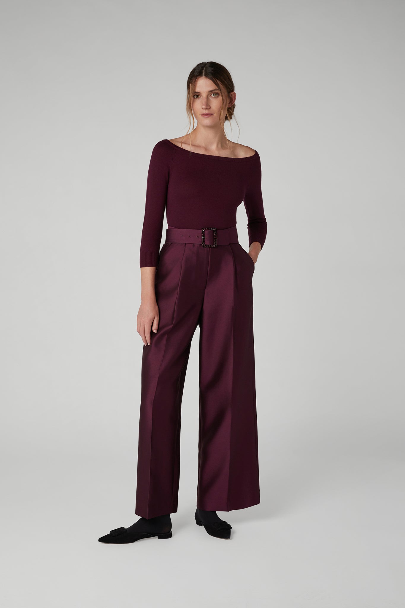 Jasper Conran "Imogen" Wool Silk Wide Leg Trousers in Berry