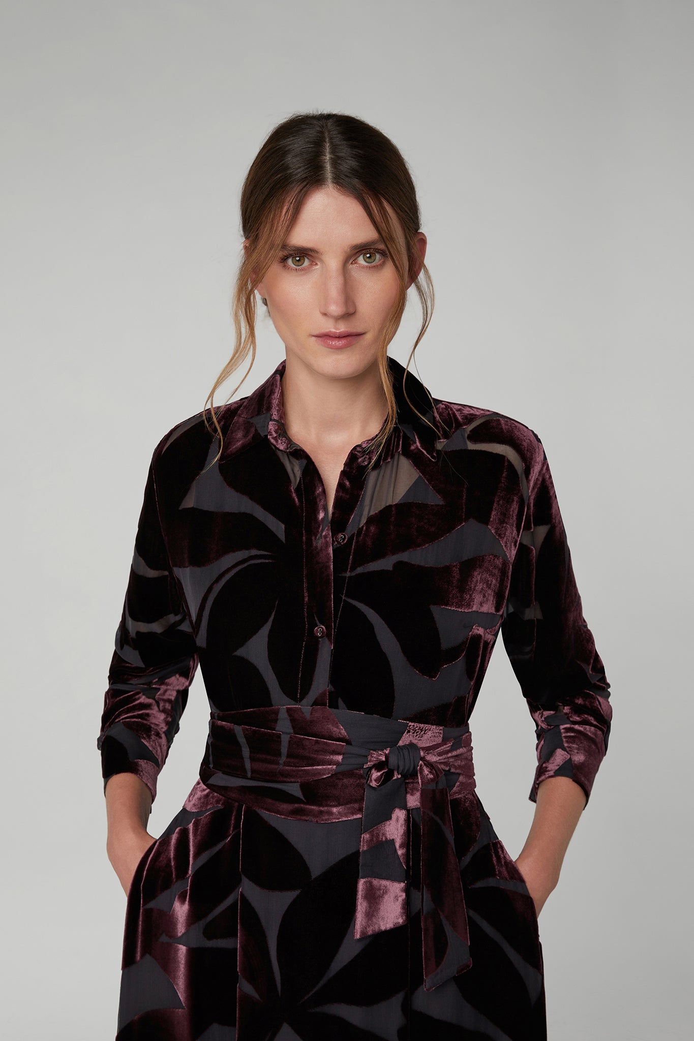 Jasper Conran "Idalia" Velvet Burn Out Shirt in Berry Floral