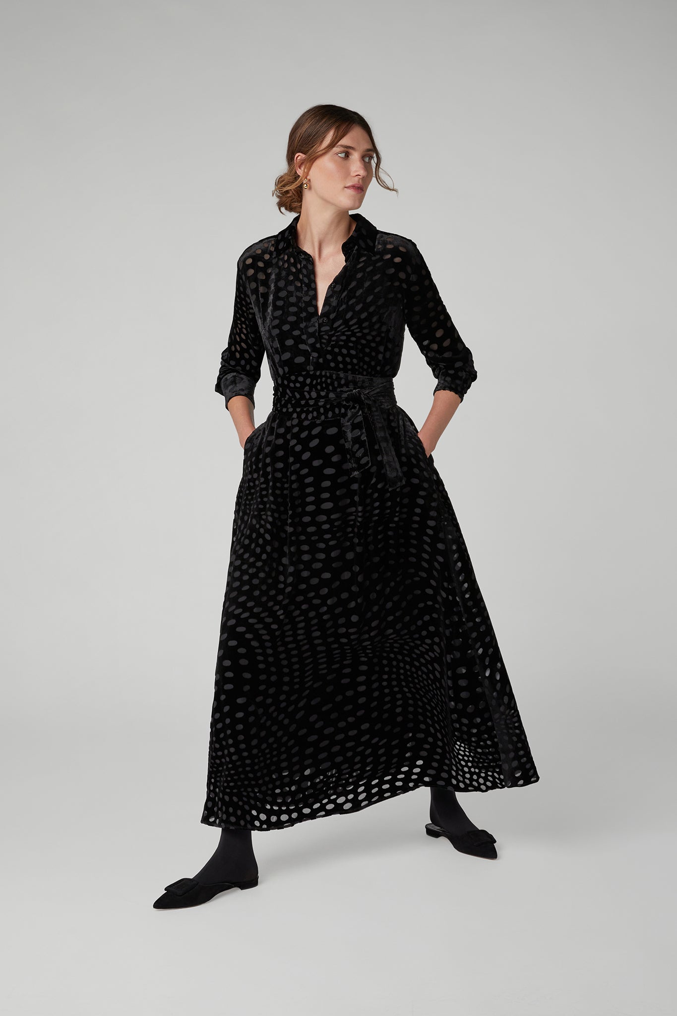 Jasper Conran "Isabel" Velvet Devoré Shirt Dress in Black