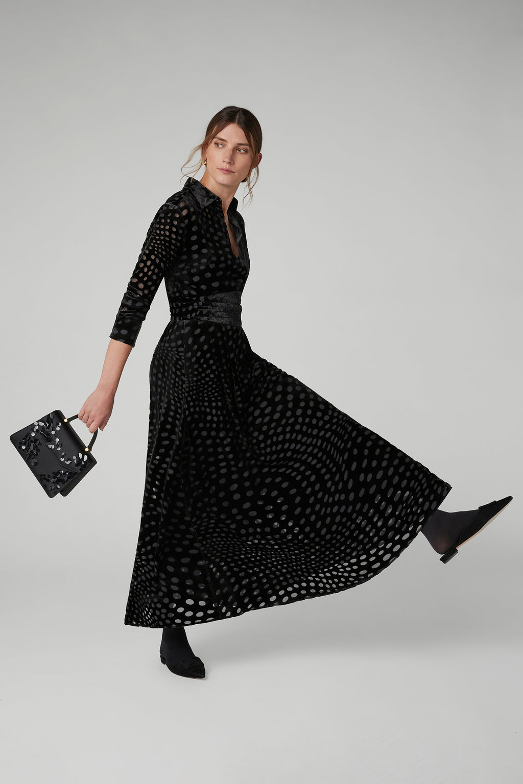 Jasper Conran "Isabel" Velvet Devoré Shirt Dress in Black