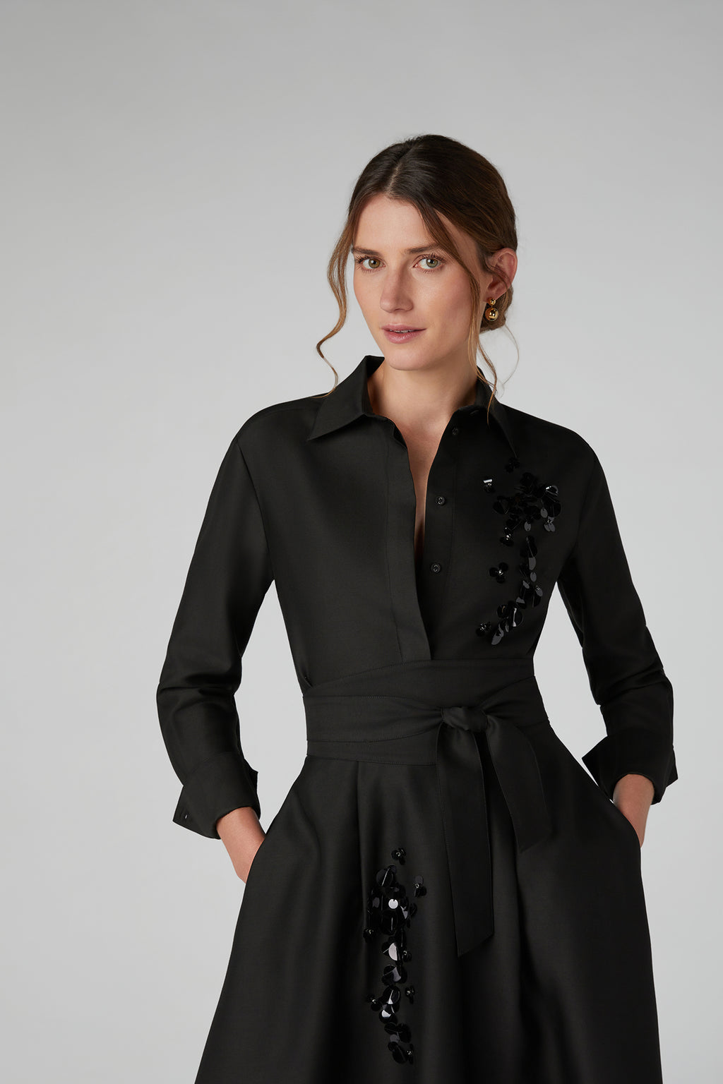 Jasper Conran "Imelda" Wool Silk Sequin Fitted Shirt in Black