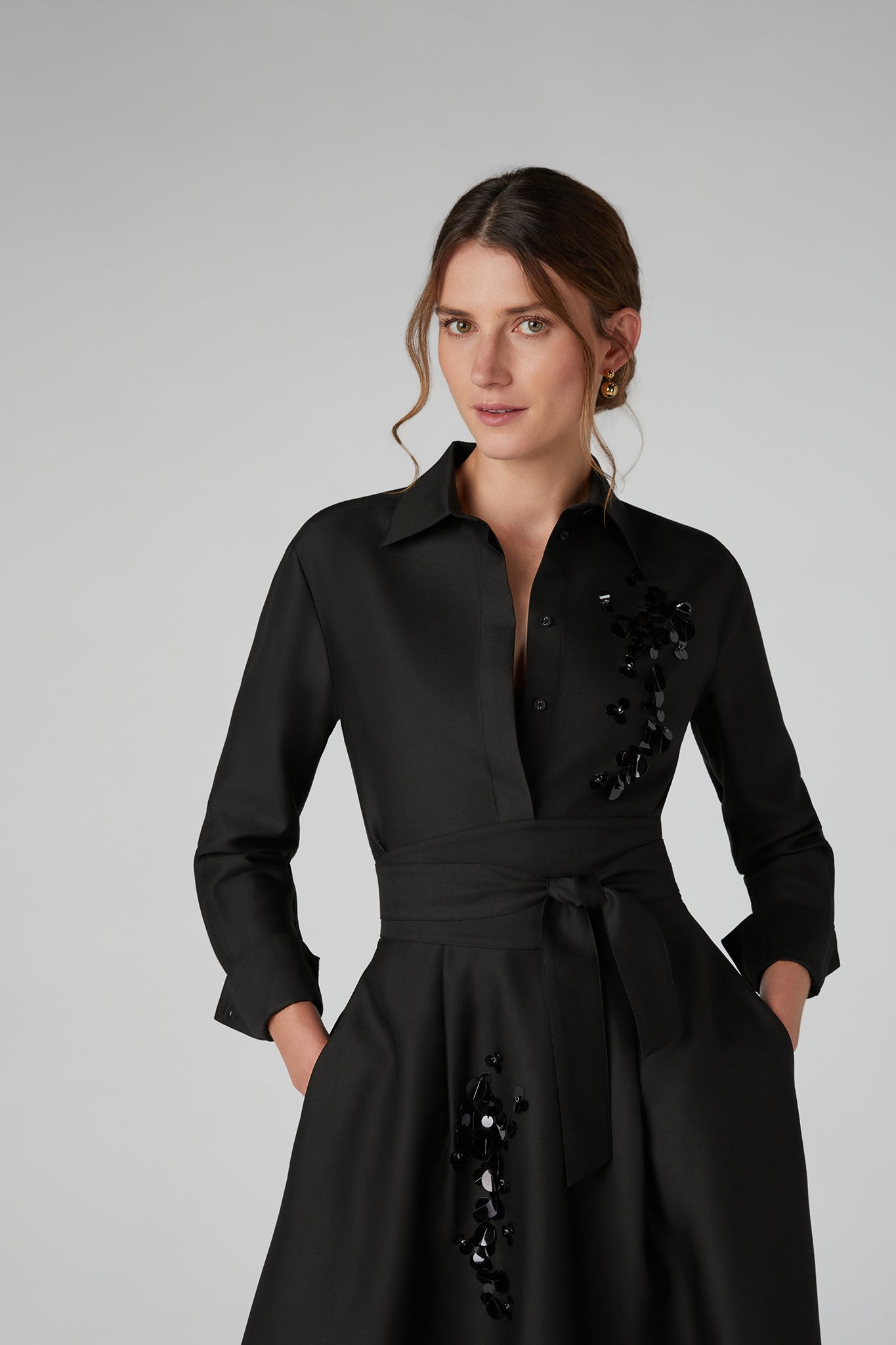 Jasper Conran "Imelda" Wool Silk Sequin Fitted Shirt in Black