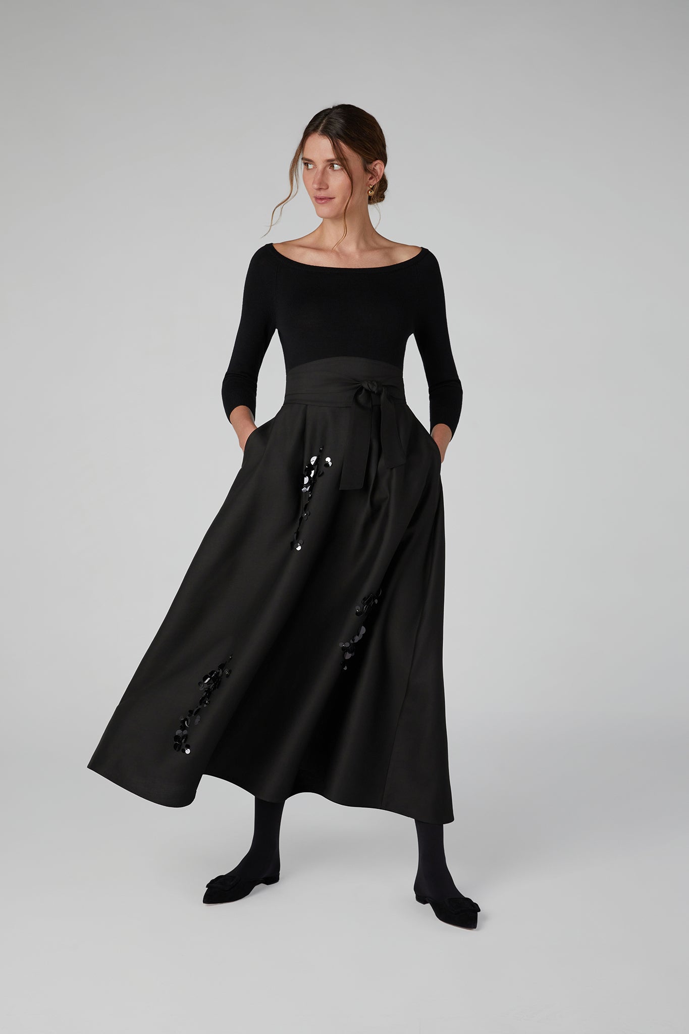 Jasper Conran "Imelda" Wool Silk Sequin Skirt in Black