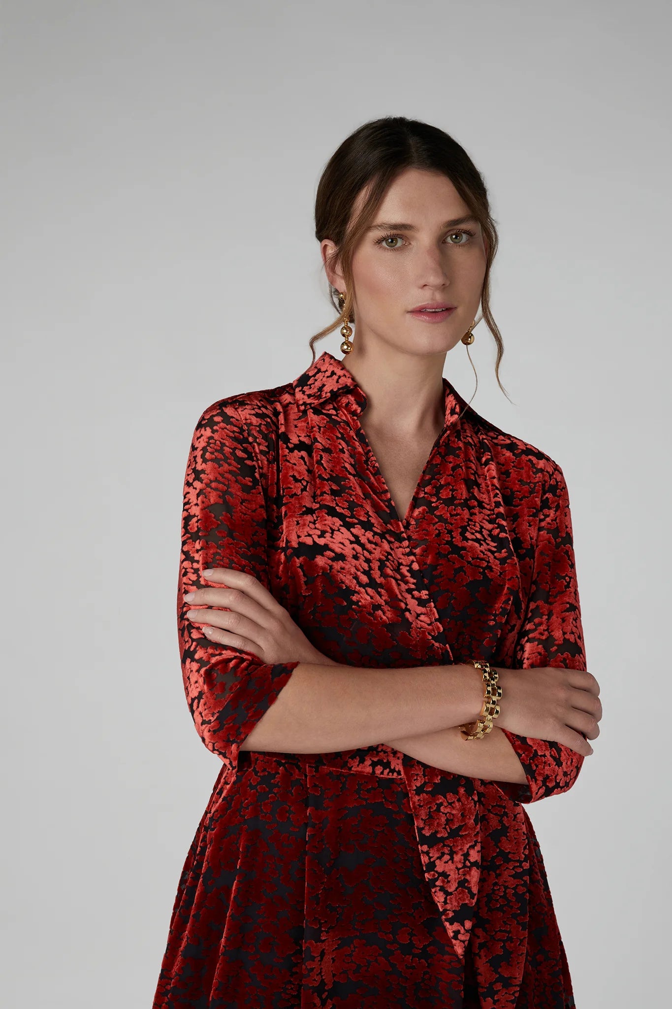 Jasper Conran "Iris" Velvet Devoré Wrap Dress in Red