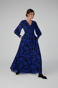 Jasper Conran "Ira" Printed Georgette Maxi V Neck Dress in Blue