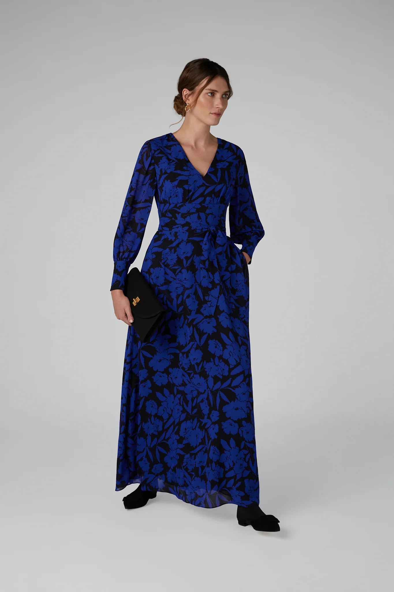 Jasper Conran "Ira" Printed Georgette Maxi V Neck Dress in Blue