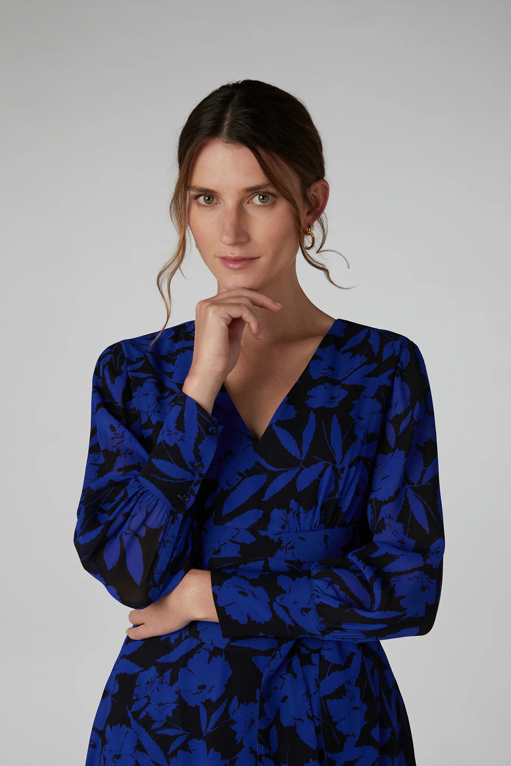 Jasper Conran "Ira" Printed Georgette Maxi V Neck Dress in Blue