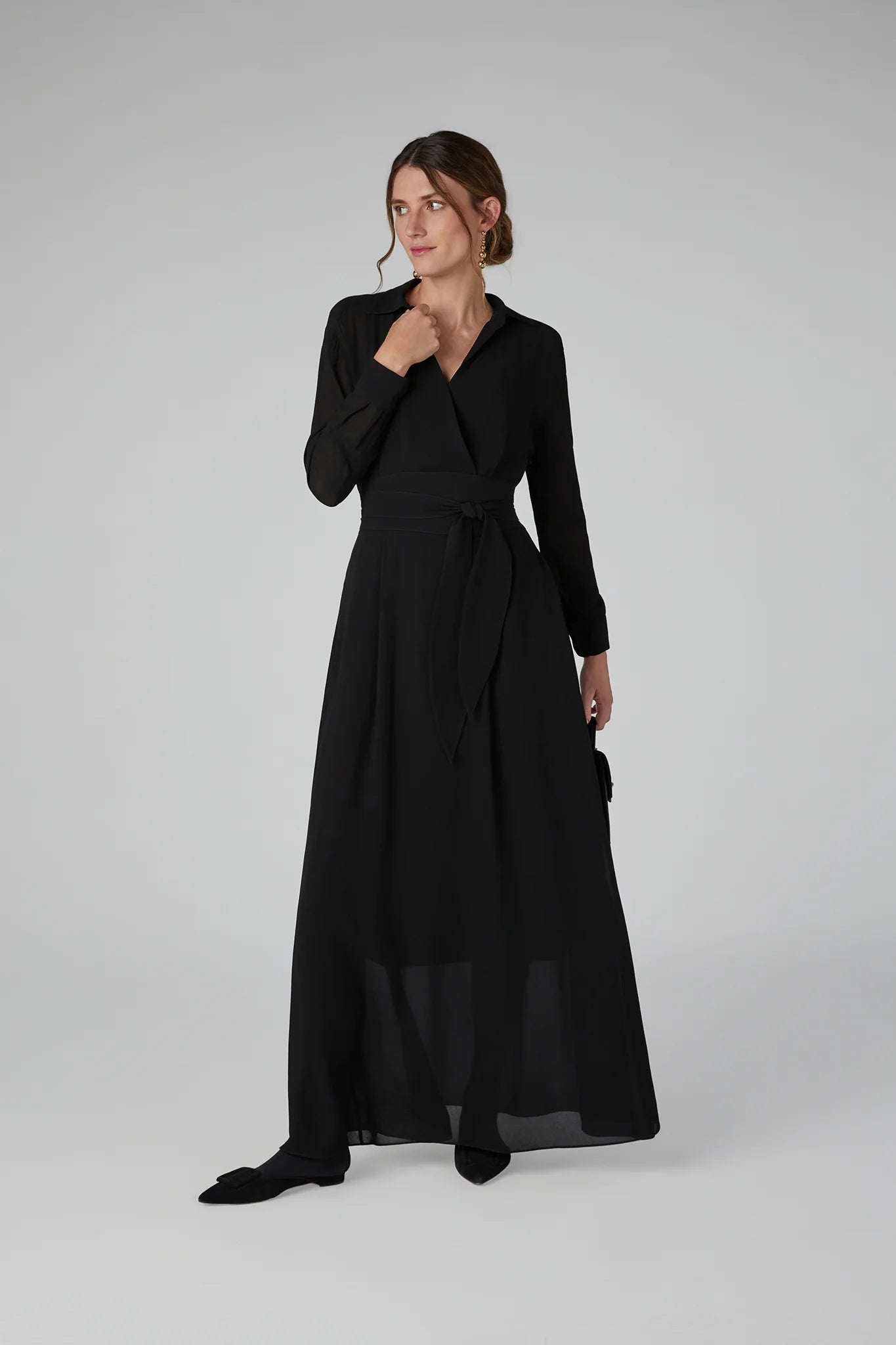 Jasper Conran "Hester" Georgette Maxi Wrap Dress in Black