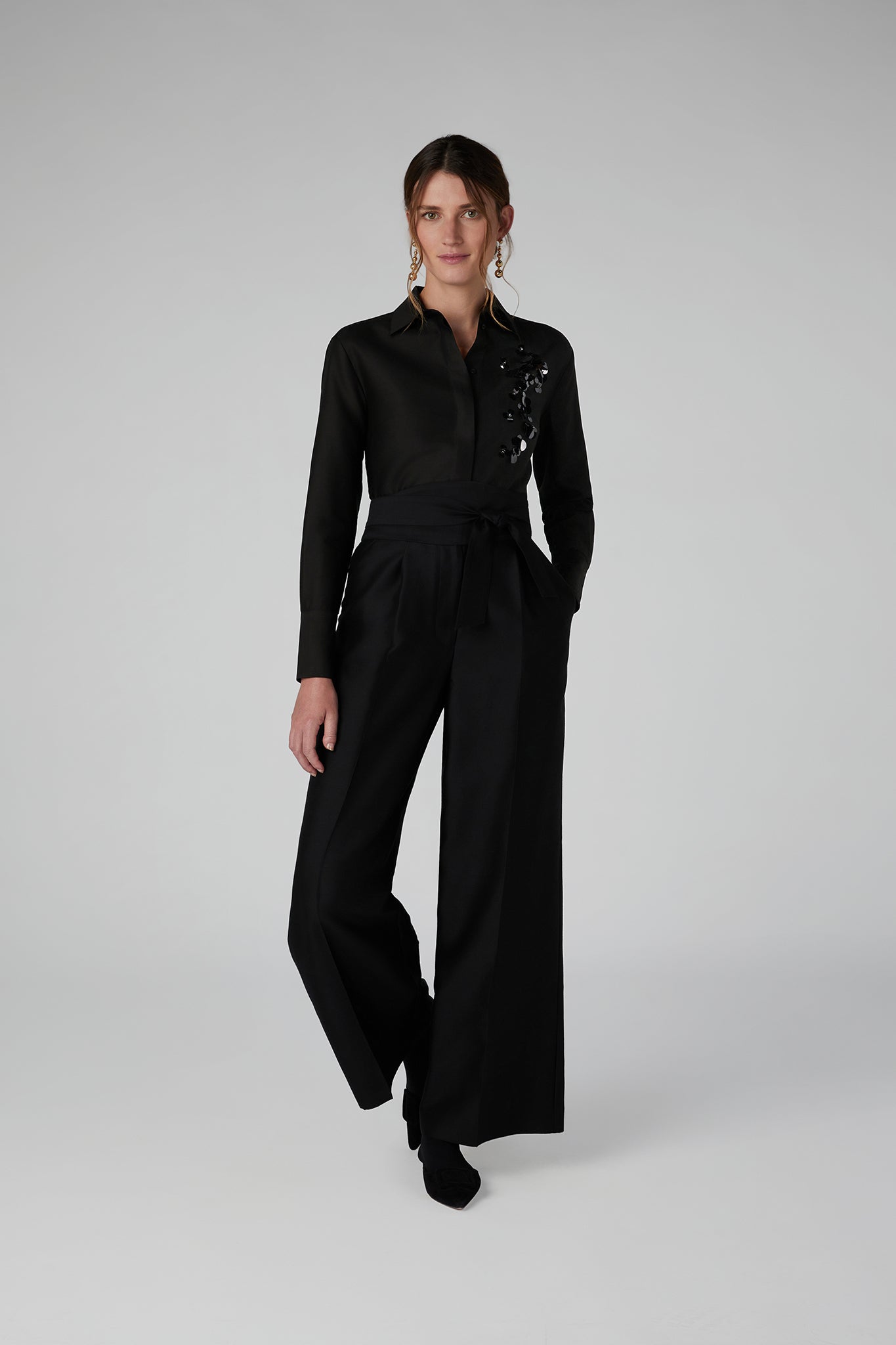 Jasper Conran "Imelda" Wool Silk Sequin Fitted Shirt in Black