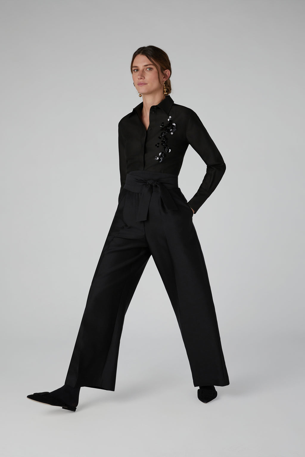 Jasper Conran "Imelda" Wool Silk Sequin Fitted Shirt in Black