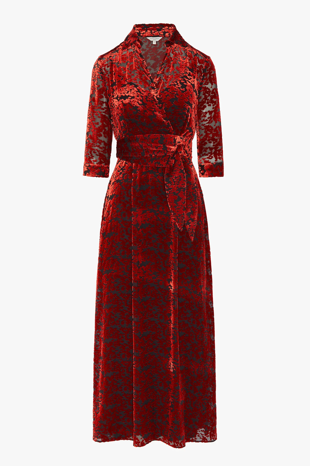 Jasper Conran "Iris" Velvet Devoré Wrap Dress in Red