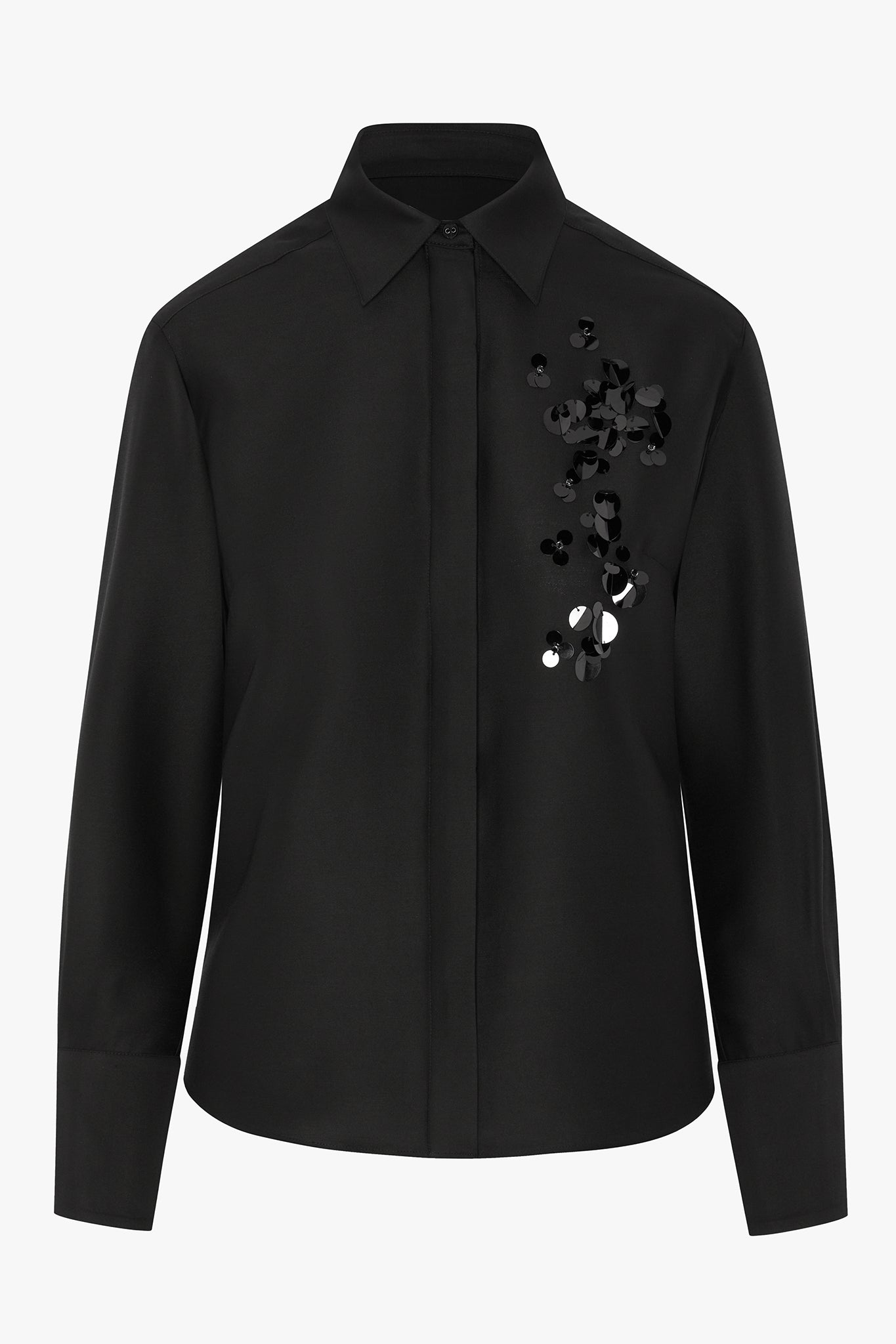 Jasper Conran "Imelda" Wool Silk Sequin Fitted Shirt in Black