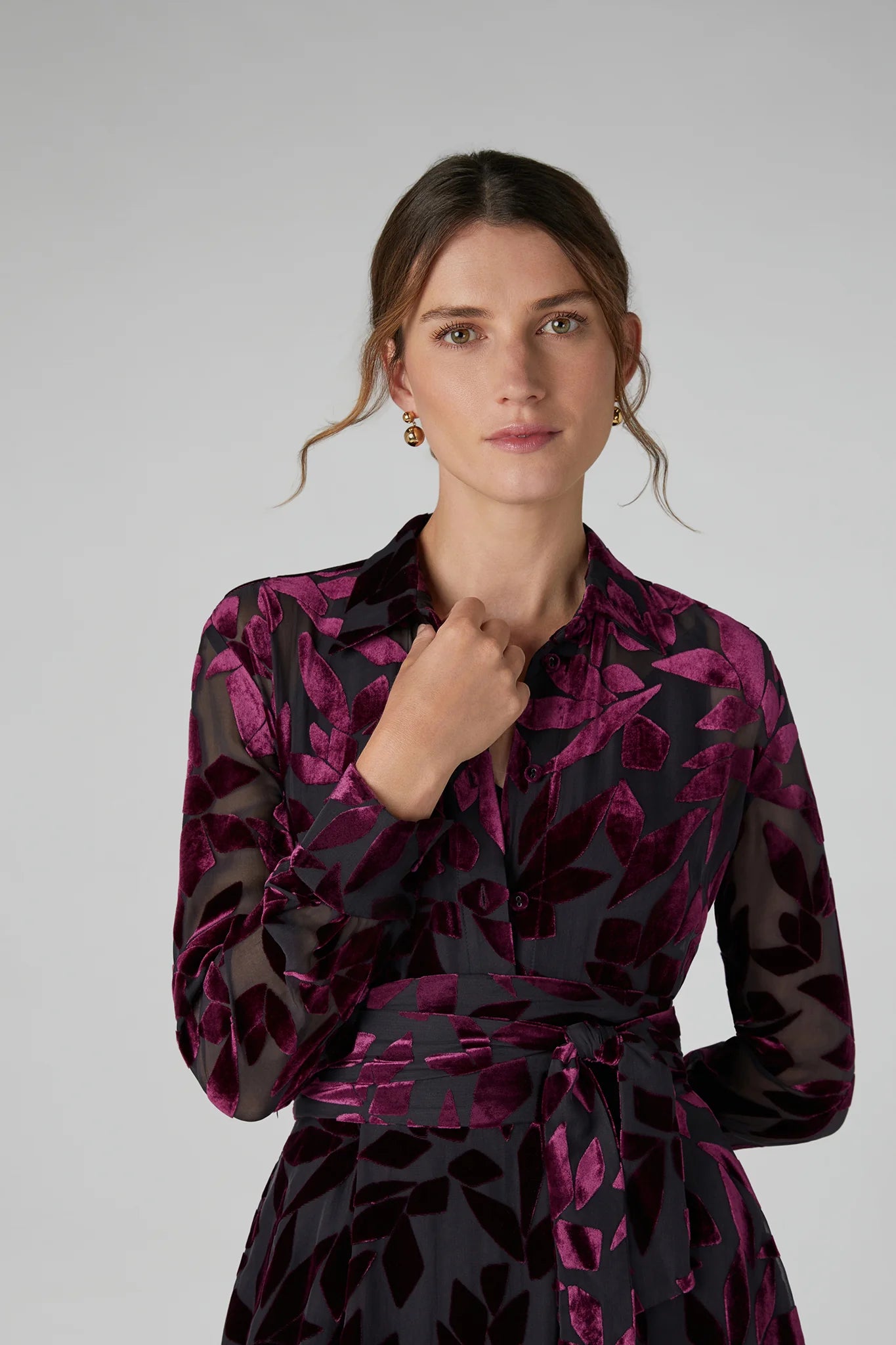 Jasper Conran "Idalia" Velvet Burn Out Shirt in Cerise Geo Pink