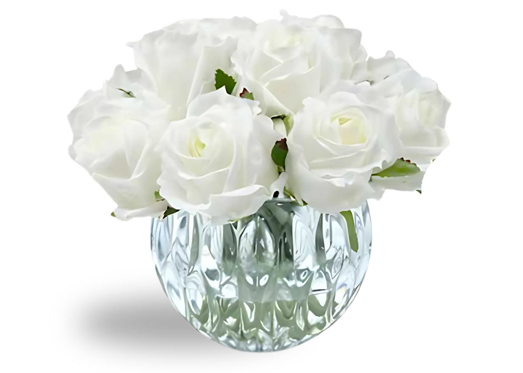 Linen Obsession "Rose Buds Bouquet" in Glass Vase – 13 Artificial Silk Flowers