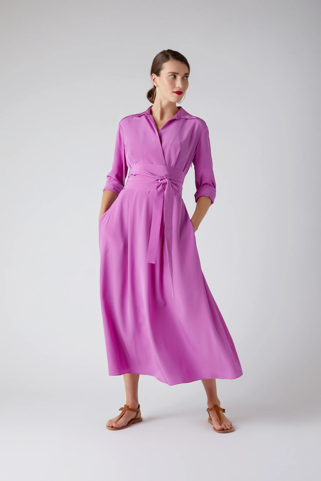 Jasper Conran "Celia" Silk Full Skirt Wrap Dress in Pink