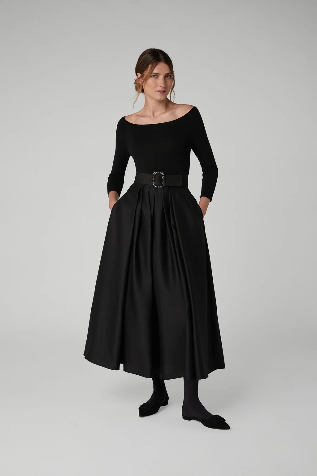 Jasper Conran "Ida" Wool Silk Inverted Pleat Skirt in Black