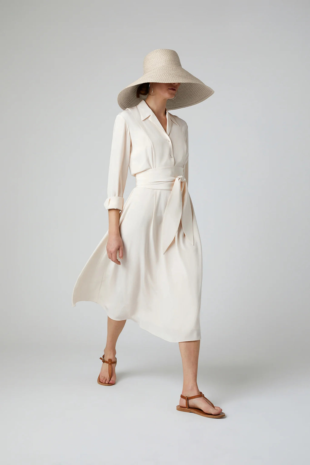 Jasper Conran "Filomena" Silk Full Skirt Shirt Dress in Cream