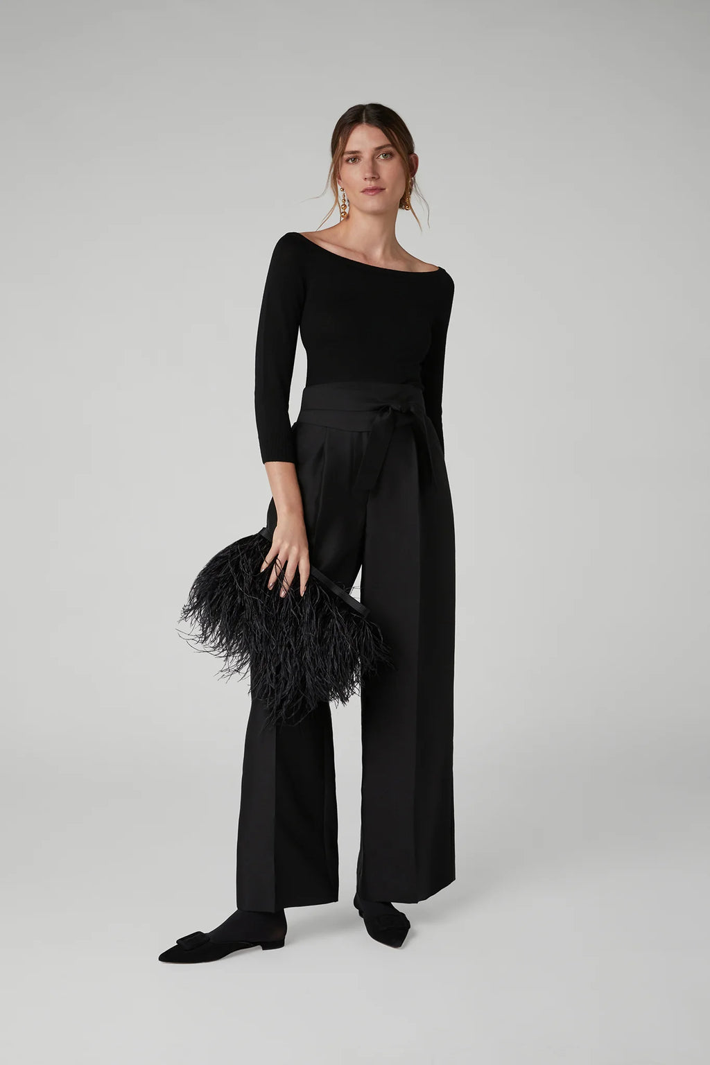 Jasper Conran "Iona" Slash Neck Merino Knitted Top in Black