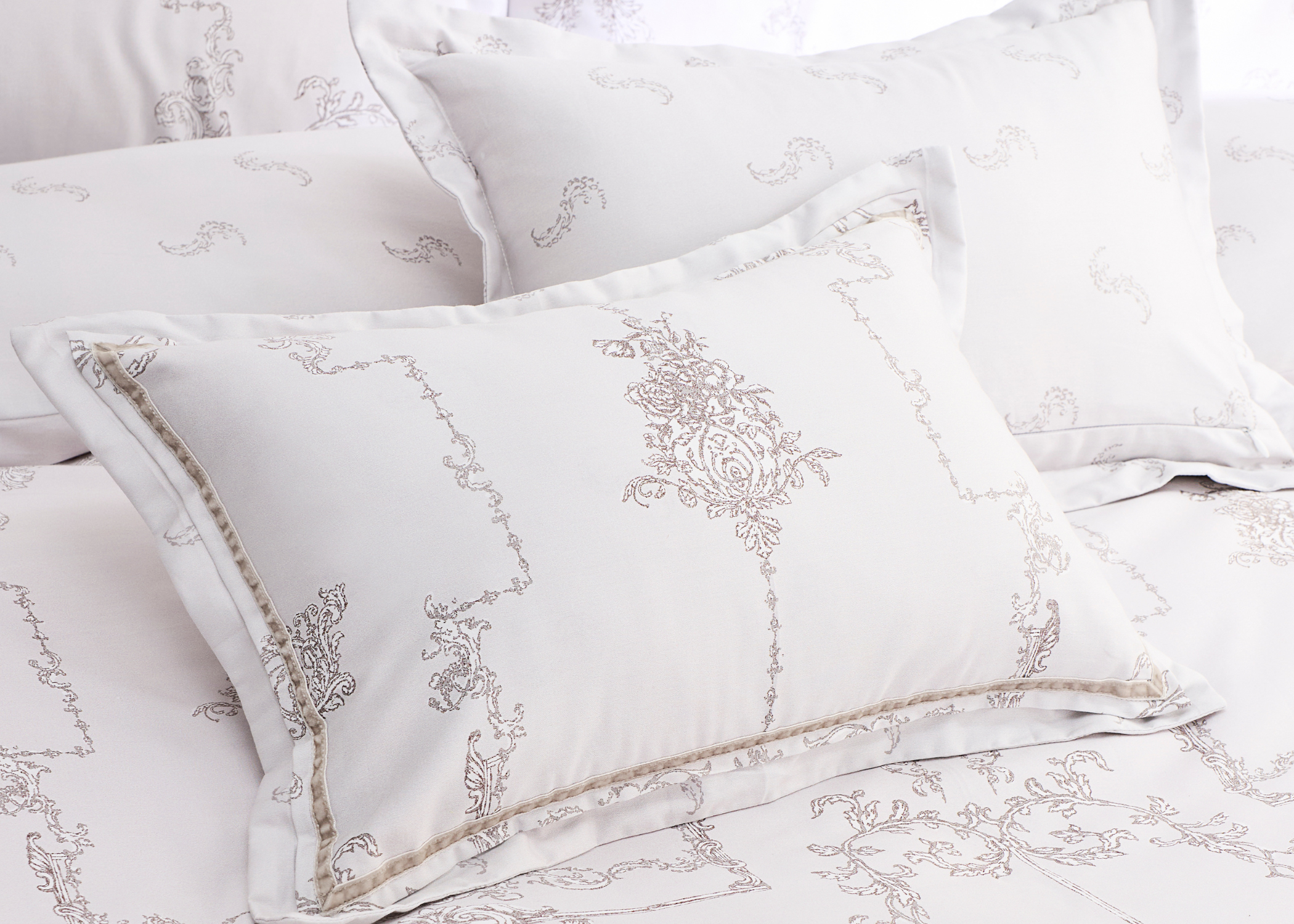 Christy "Ambroise Oyster" Filled Cushion in Cream / Silver