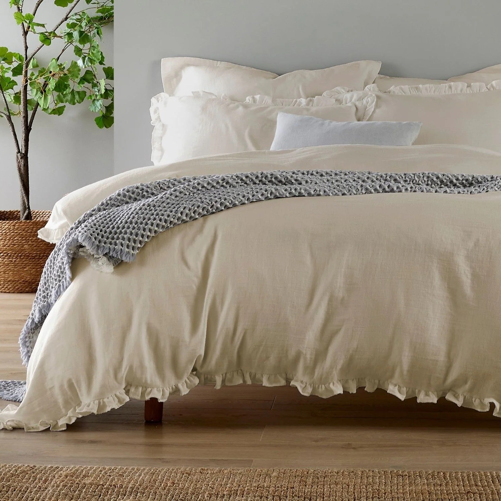 Christy Organic Cotton "Retreat Ruffle" Plain Dyed Duvet Covers in Oat (Beige)