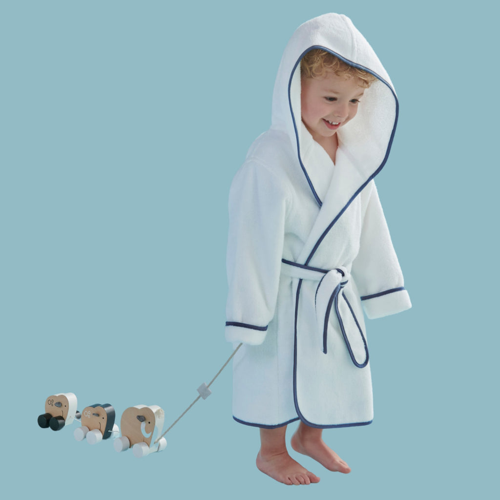 Christy "Mini Hooded" Bath Robe in White & Denim Blue