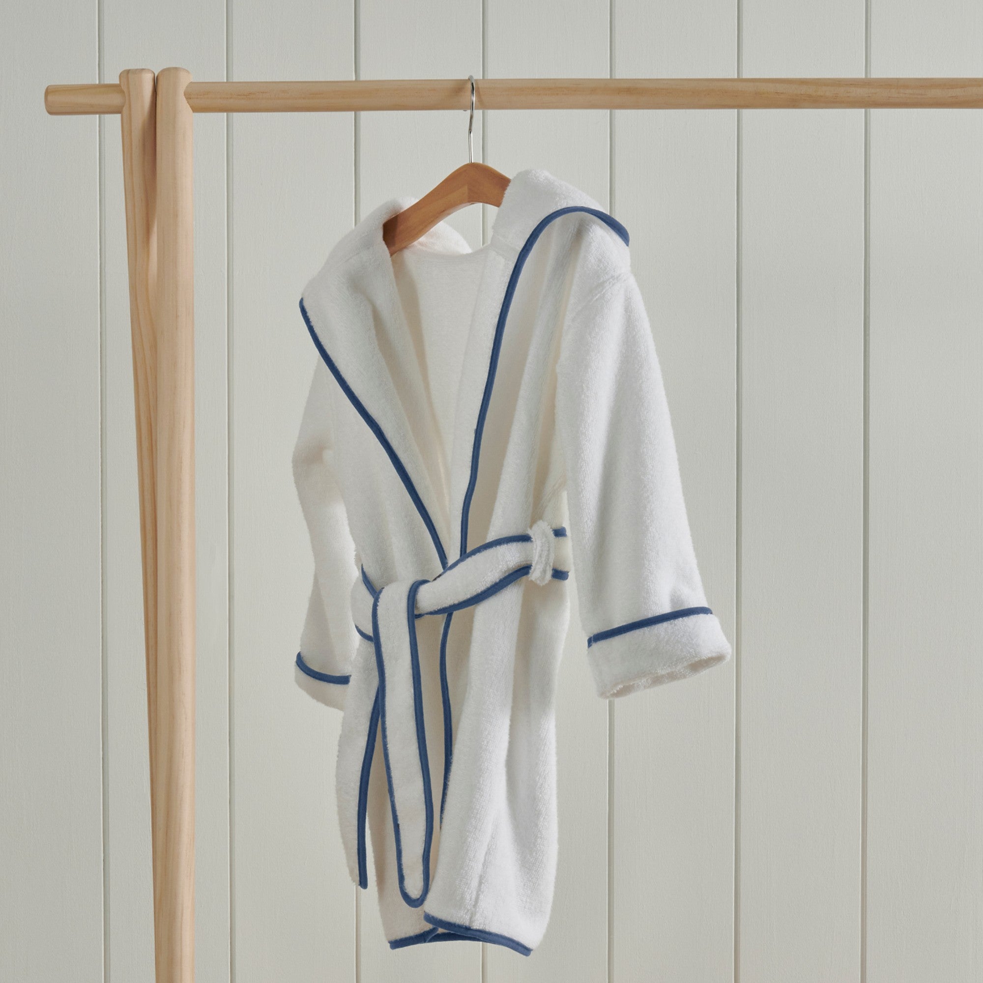 Christy "Mini Hooded" Bath Robe in White & Denim Blue