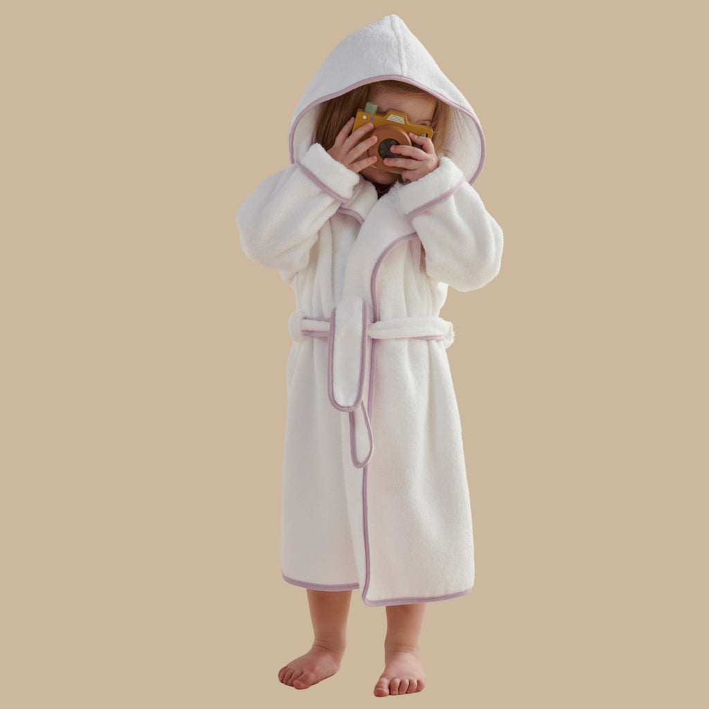 Mini Hooded Bath Robe in White & Pink