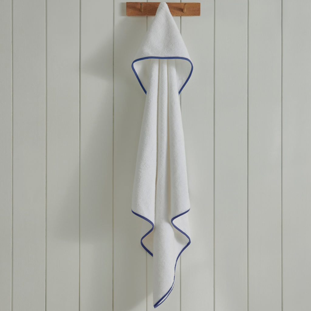 Mini Hooded Bath Towel in White with Denim Blue Trim