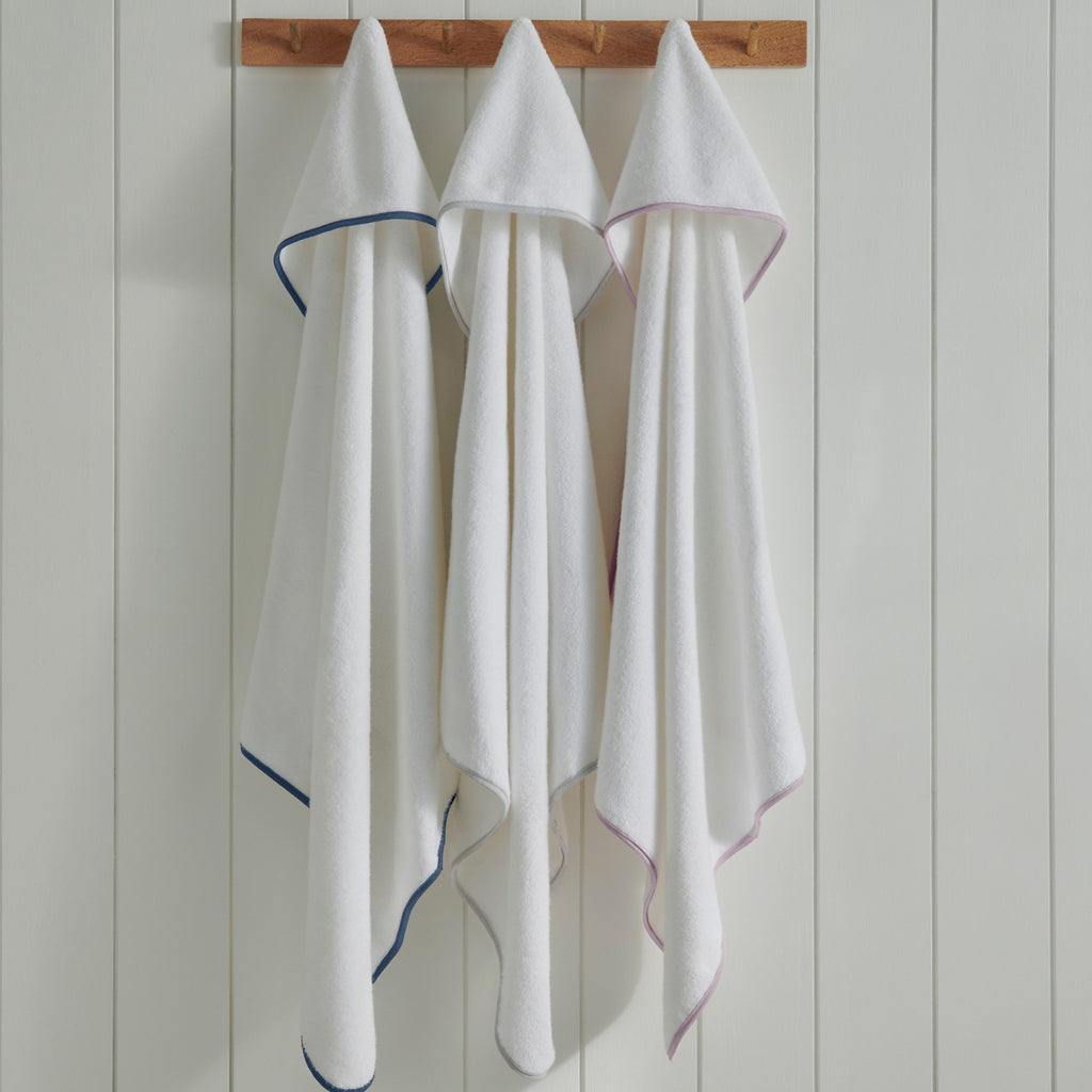 Mini Hooded Bath Towel in White with Denim Blue Trim
