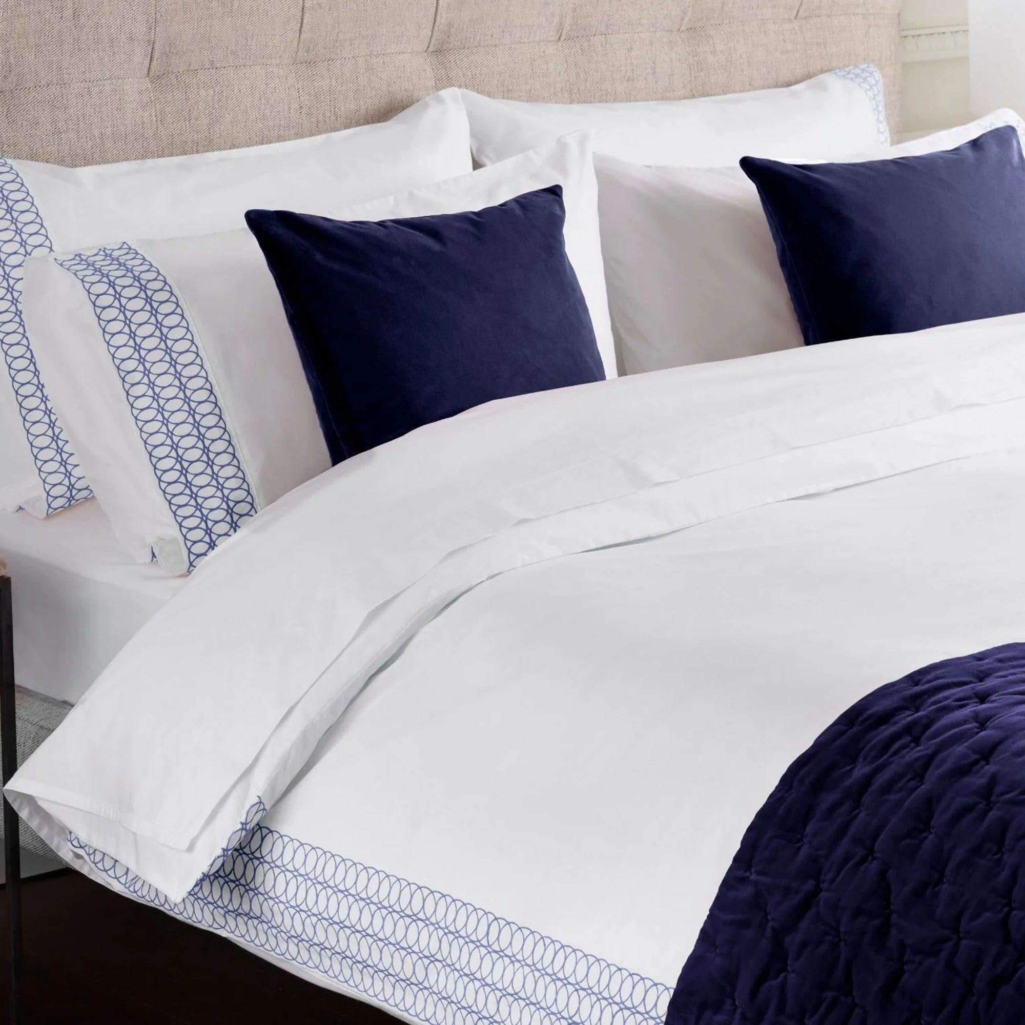 Jasper Conran "Circles Embroidered Border" Duvet Cover in White-True Blue