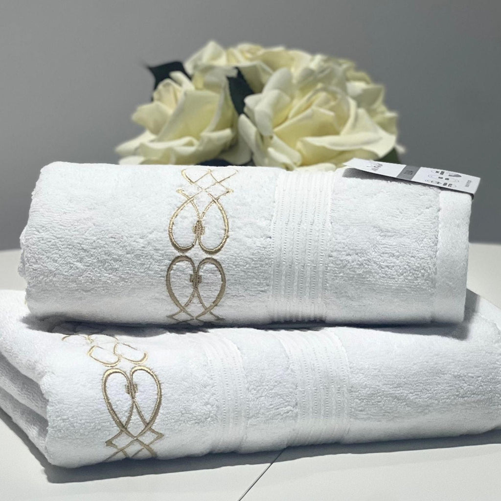 Linen Obsession "Elena" Bath Towels in White/Gold