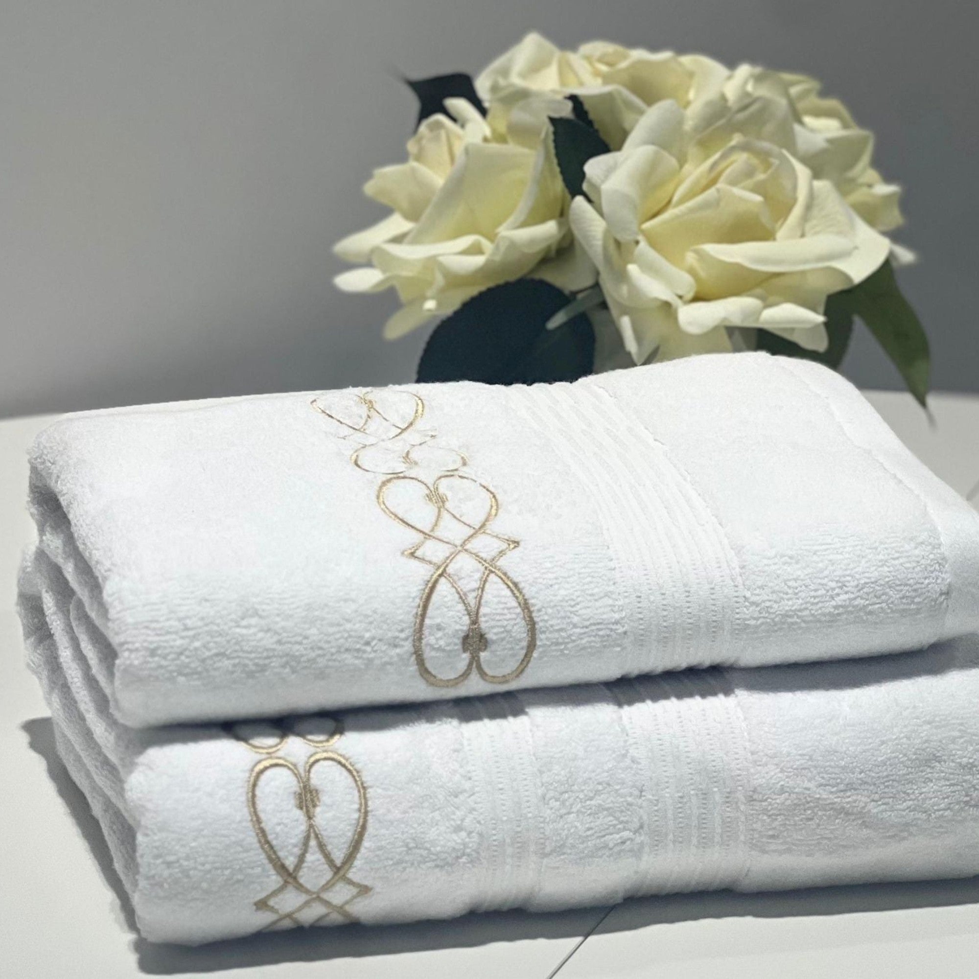 Linen Obsession "Elena" Bath Towels in White/Gold