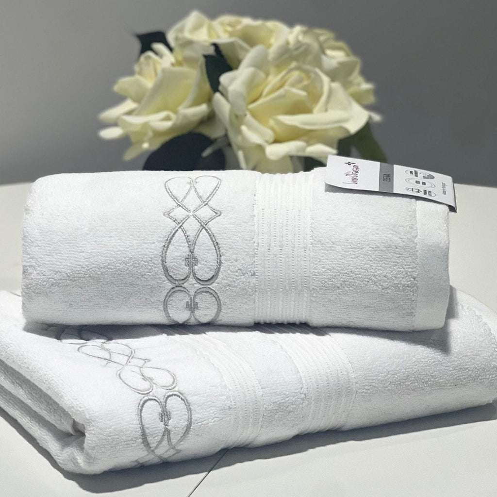 Linen Obsession "Elena" Bath Towels in White/Silver